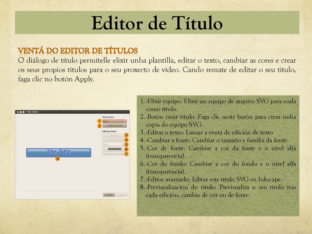 Editor de Título Ventá do editor de títulos
