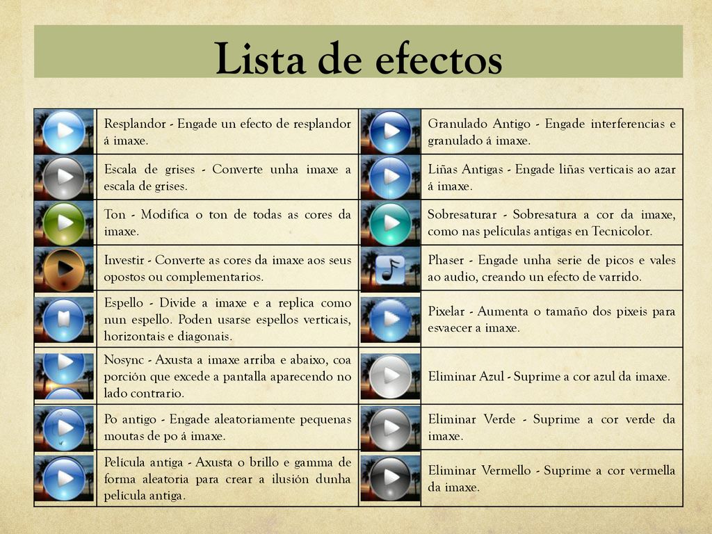 Lista de efectos Resplandor - Engade un efecto de resplandor á imaxe.