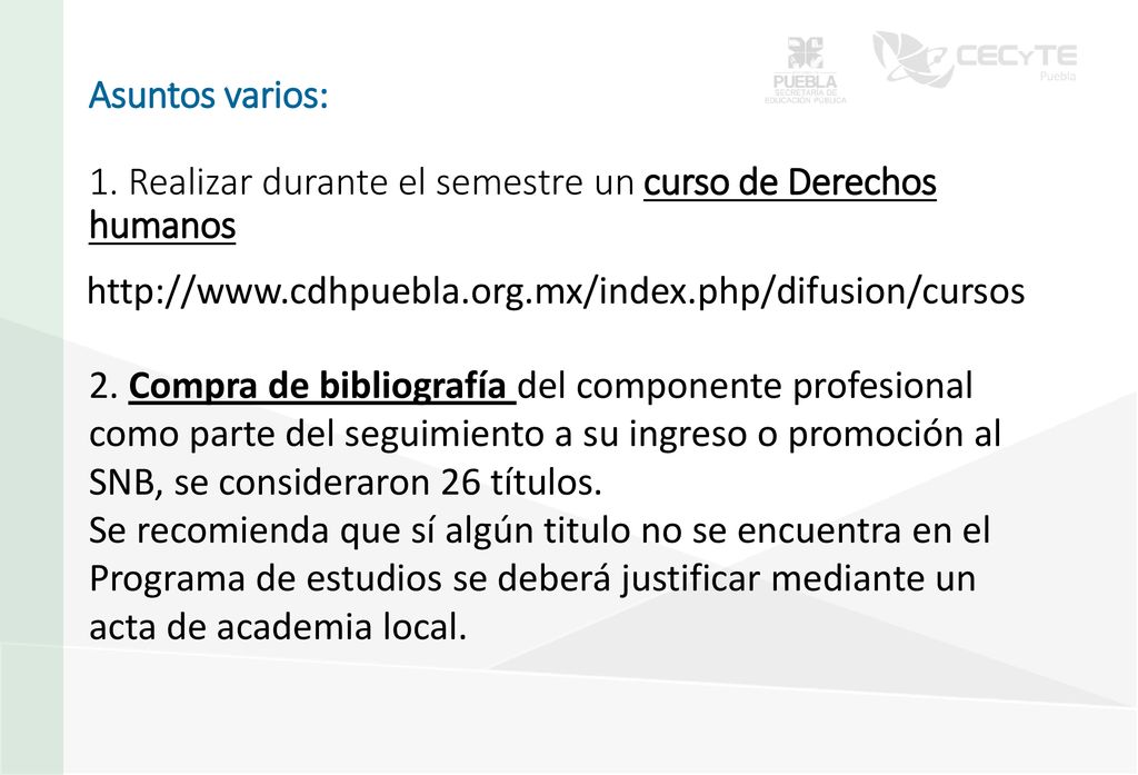 Asuntos varios: 1. Realizar durante el semestre un curso de Derechos humanos
