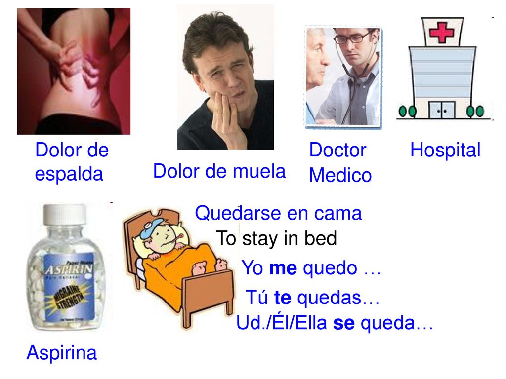 Dolor de espalda. Doctor. Hospital. Dolor de muela. Medico. Quedarse en cama. To stay in bed.