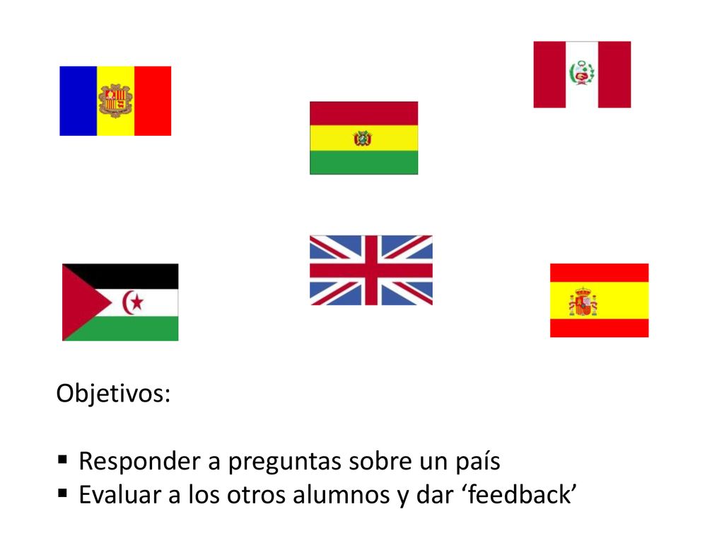 Objetivos: Responder a preguntas sobre un país Evaluar a los otros alumnos y dar ‘feedback’