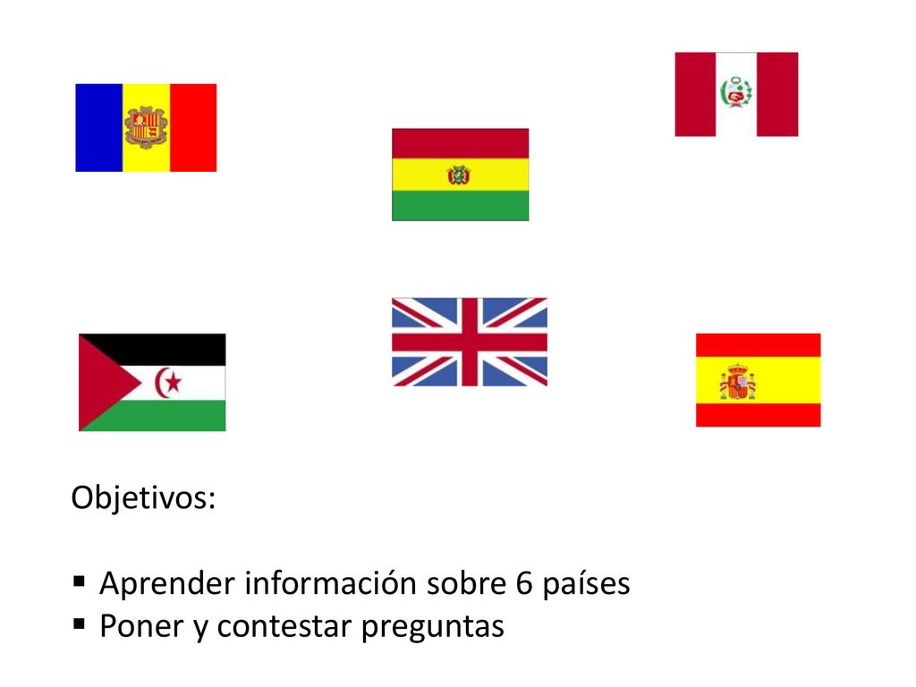 Objetivos: Aprender información sobre 6 países Poner y contestar preguntas