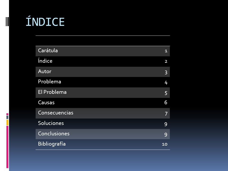 ÍNDICE Carátula 1 Índice 2 Autor 3 Problema 4 El Problema 5 Causas 6