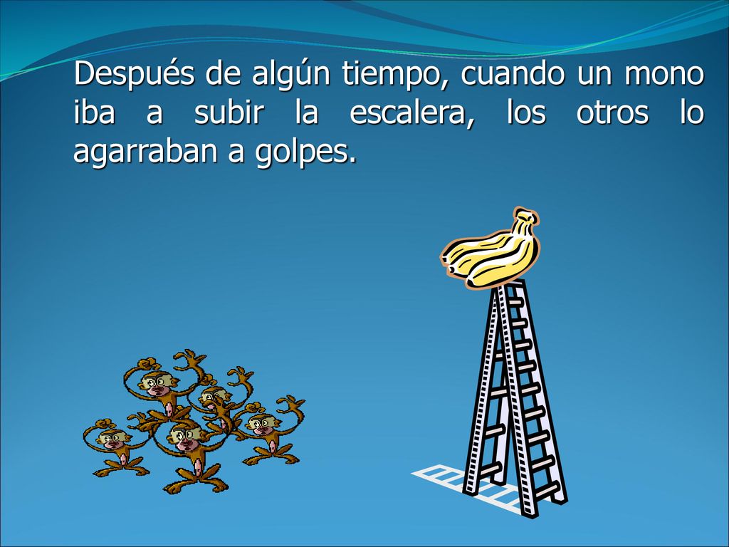 Después de algún tiempo, cuando un mono iba a subir la escalera, los otros lo agarraban a golpes.