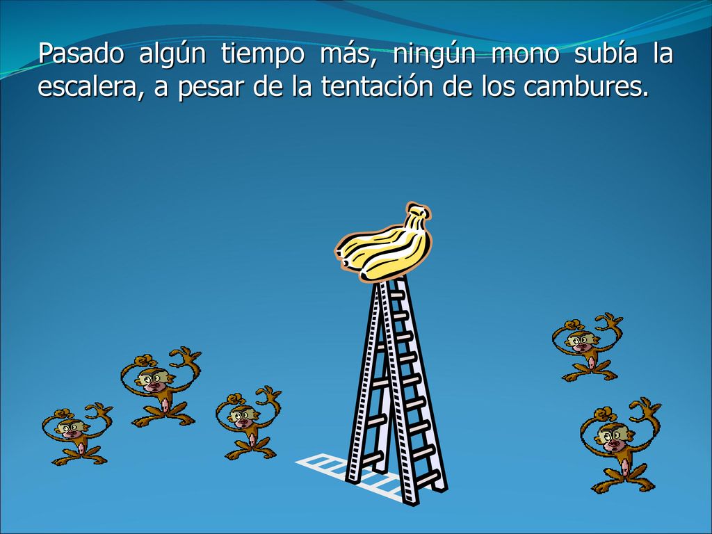 Pasado algún tiempo más, ningún mono subía la escalera, a pesar de la tentación de los cambures.