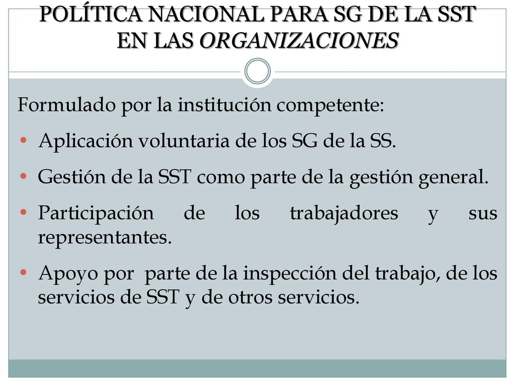 POLÍTICA NACIONAL PARA SG DE LA SST EN LAS ORGANIZACIONES