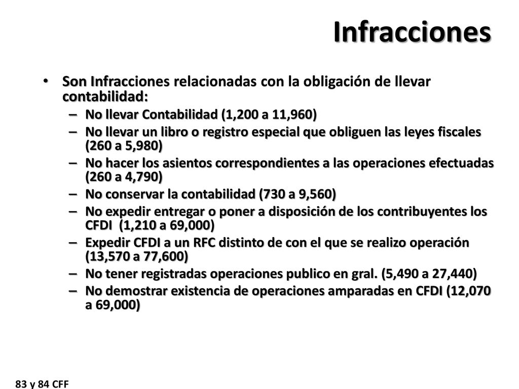 Infracciones Son Infracciones relacionadas con la obligación de llevar contabilidad: No llevar Contabilidad (1,200 a 11,960)