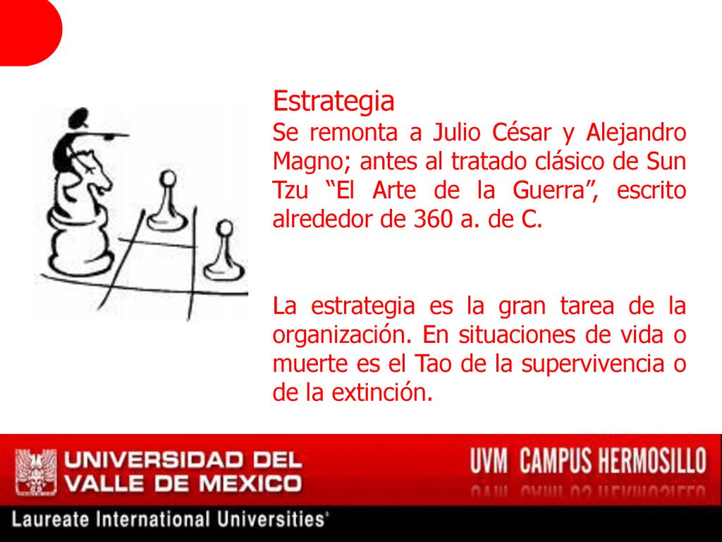 Estrategia Se remonta a Julio César y Alejandro Magno; antes al tratado clásico de Sun Tzu El Arte de la Guerra , escrito alrededor de 360 a. de C.