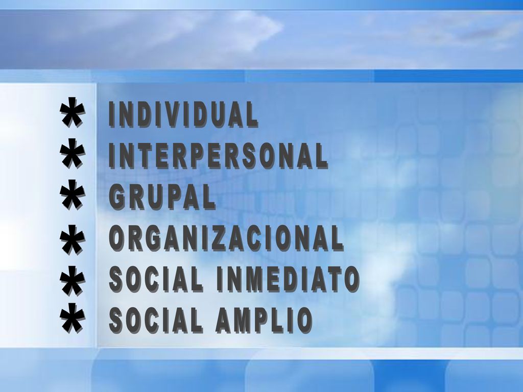 * INDIVIDUAL * INTERPERSONAL * GRUPAL * ORGANIZACIONAL * SOCIAL INMEDIATO * SOCIAL AMPLIO