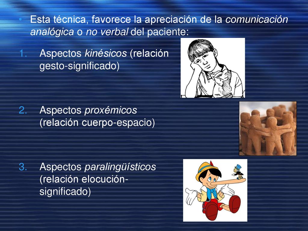 Esta técnica, favorece la apreciación de la comunicación analógica o no verbal del paciente: