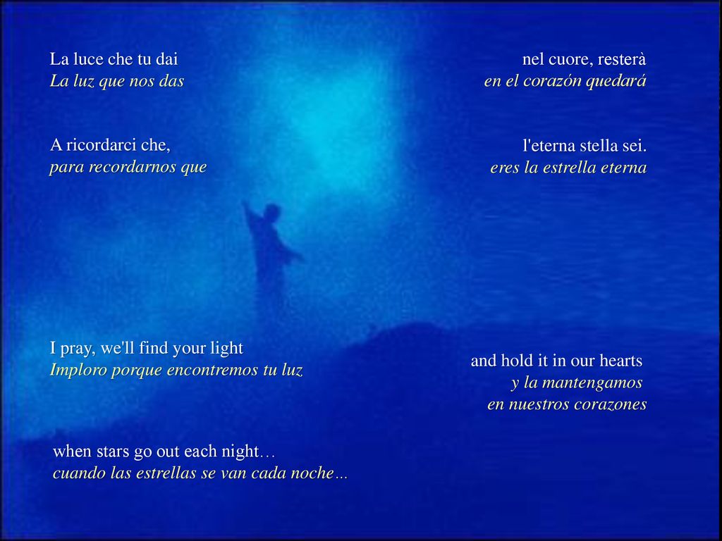 La luce che tu dai La luz que nos das. nel cuore, resterà. en el corazón quedará. A ricordarci che,
