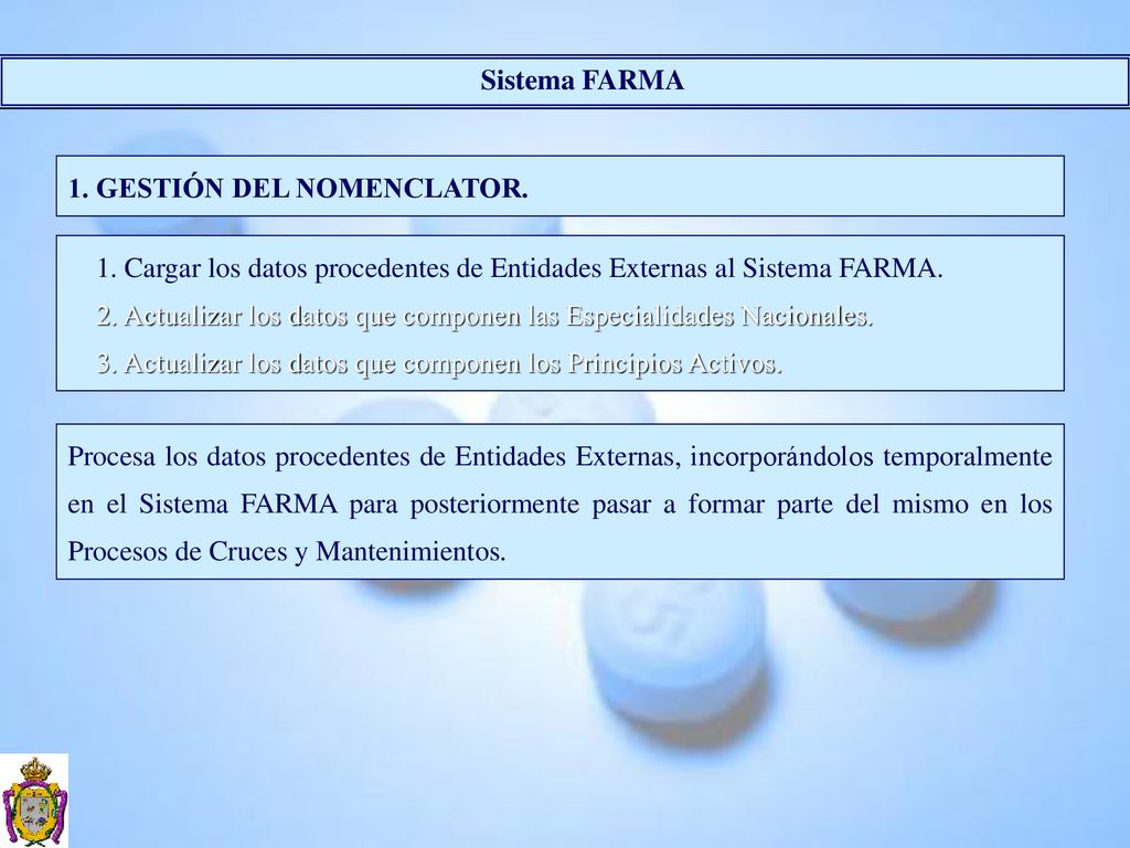 Sistema FARMA 1. GESTIÓN DEL NOMENCLATOR. 1. Cargar los datos procedentes de Entidades Externas al Sistema FARMA.