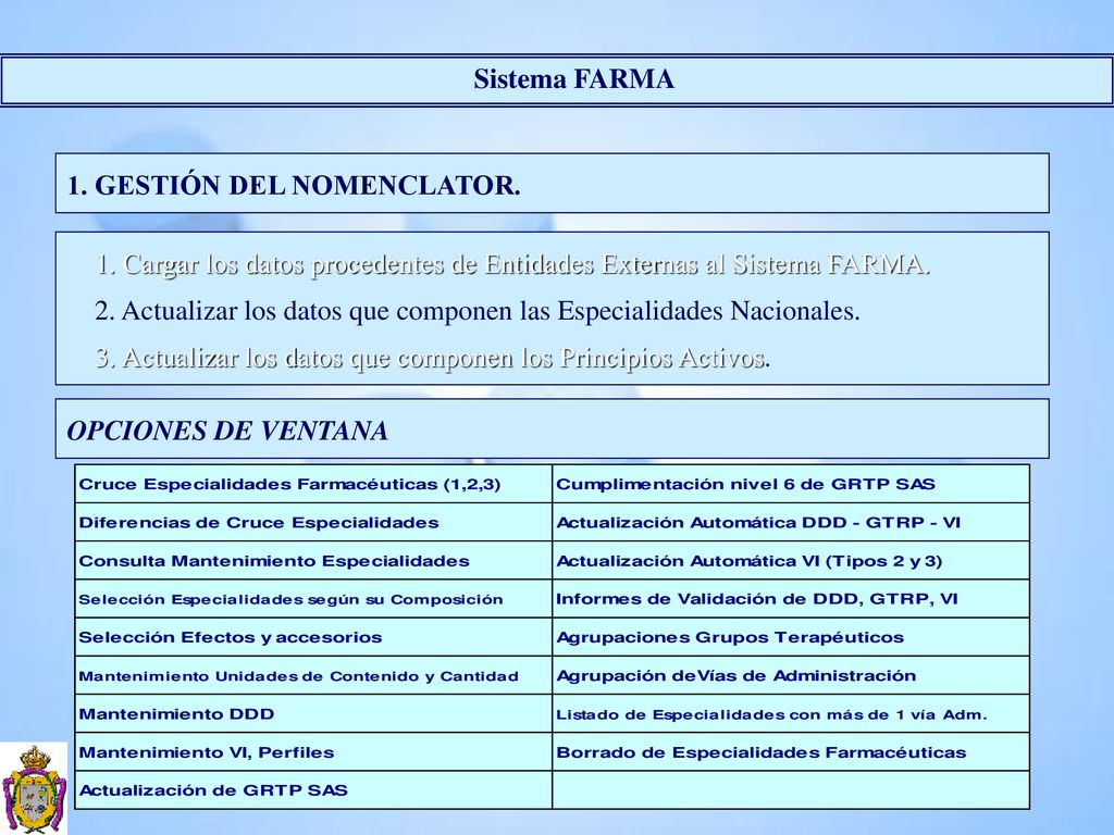 Sistema FARMA 1. GESTIÓN DEL NOMENCLATOR. 1. Cargar los datos procedentes de Entidades Externas al Sistema FARMA.