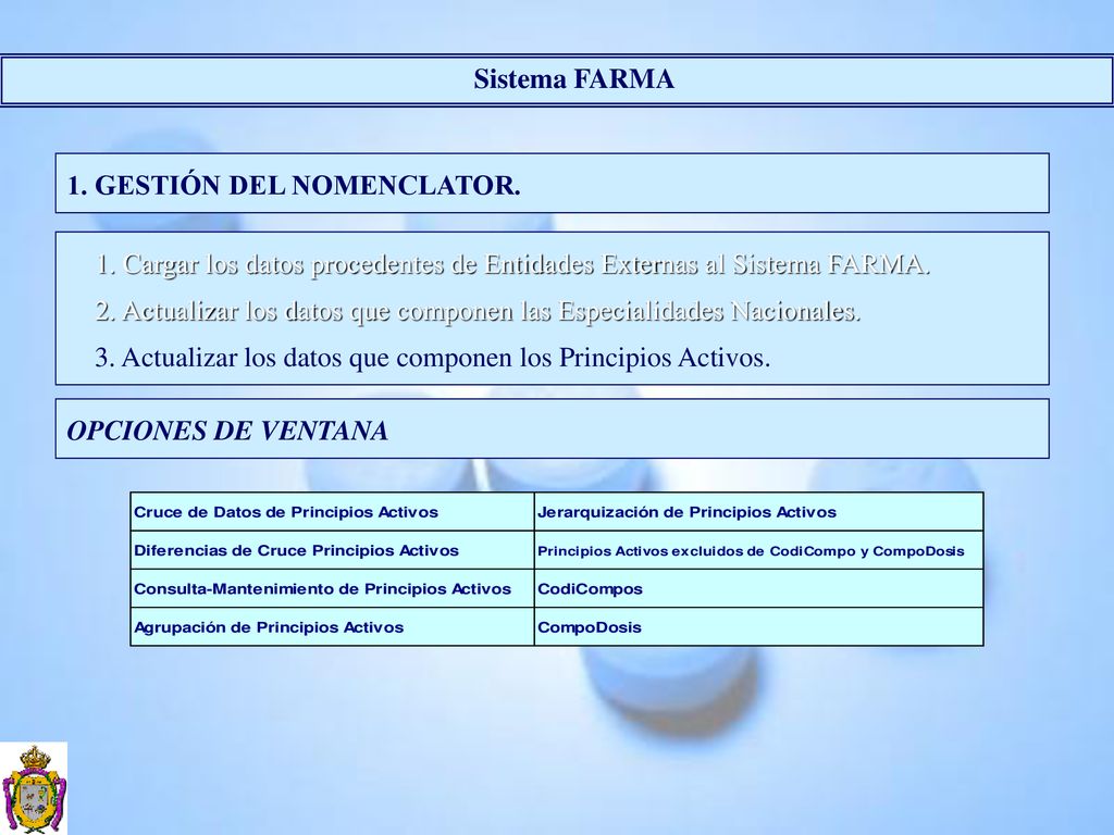 Sistema FARMA 1. GESTIÓN DEL NOMENCLATOR. 1. Cargar los datos procedentes de Entidades Externas al Sistema FARMA.