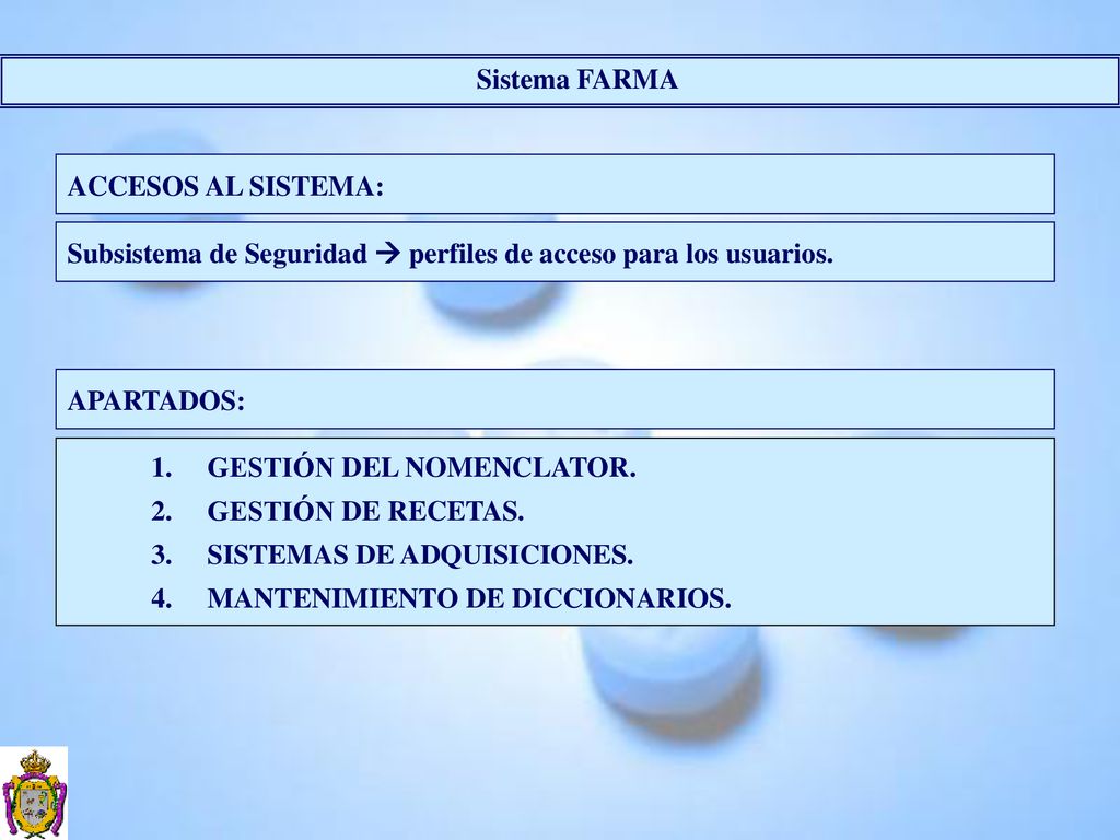 Sistema FARMA ACCESOS AL SISTEMA: Subsistema de Seguridad  perfiles de acceso para los usuarios. APARTADOS: