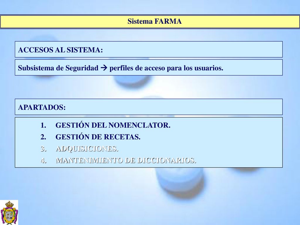 Sistema FARMA ACCESOS AL SISTEMA: Subsistema de Seguridad  perfiles de acceso para los usuarios. APARTADOS: