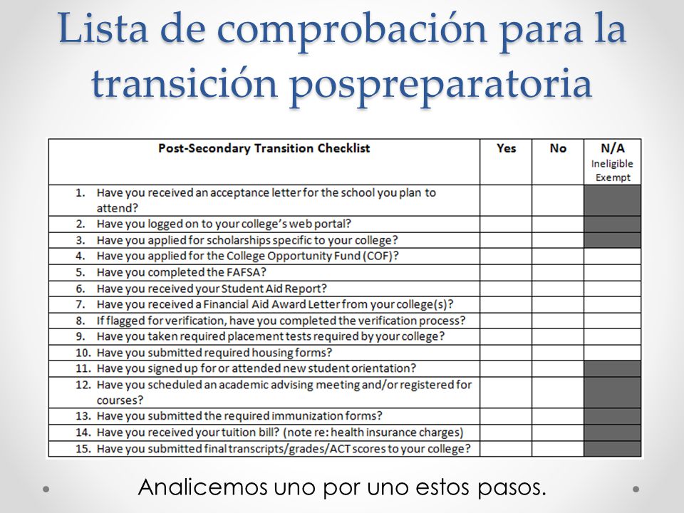 Lista de comprobación para la transición pospreparatoria