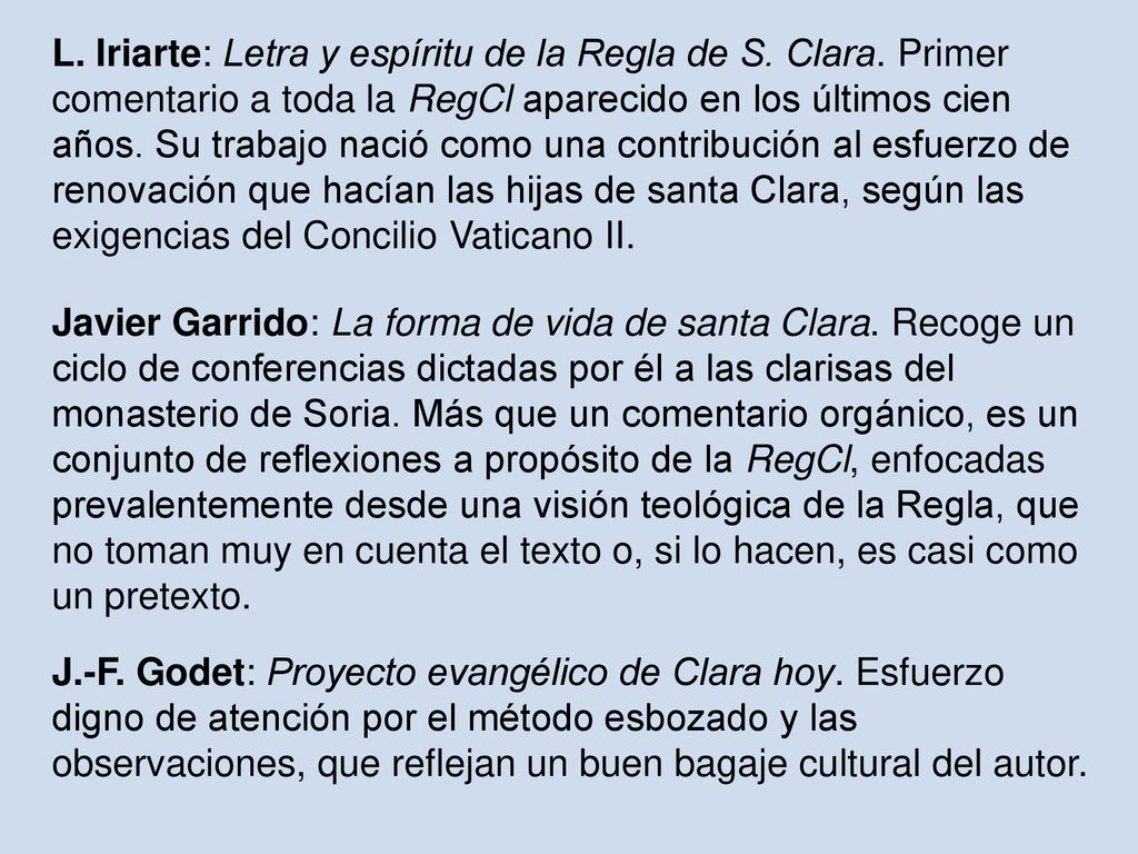 L. Iriarte: Letra y espíritu de la Regla de S. Clara