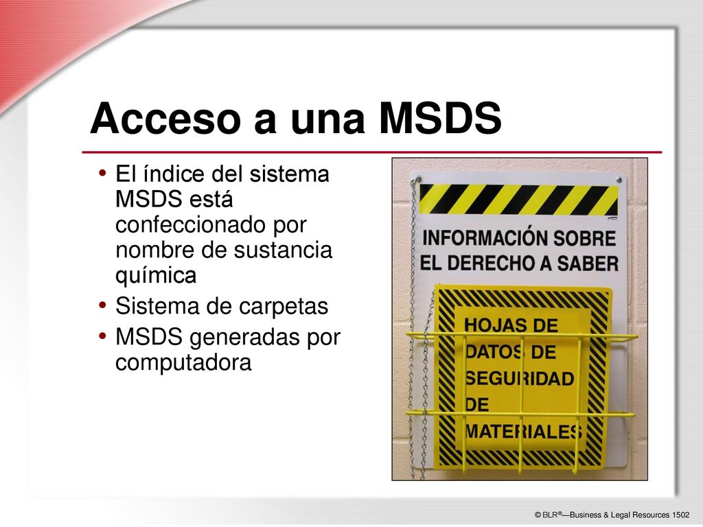Acceso a una MSDS El índice del sistema MSDS está confeccionado por nombre de sustancia química. Sistema de carpetas.