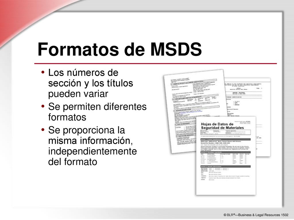 Formatos de MSDS Los números de sección y los títulos pueden variar