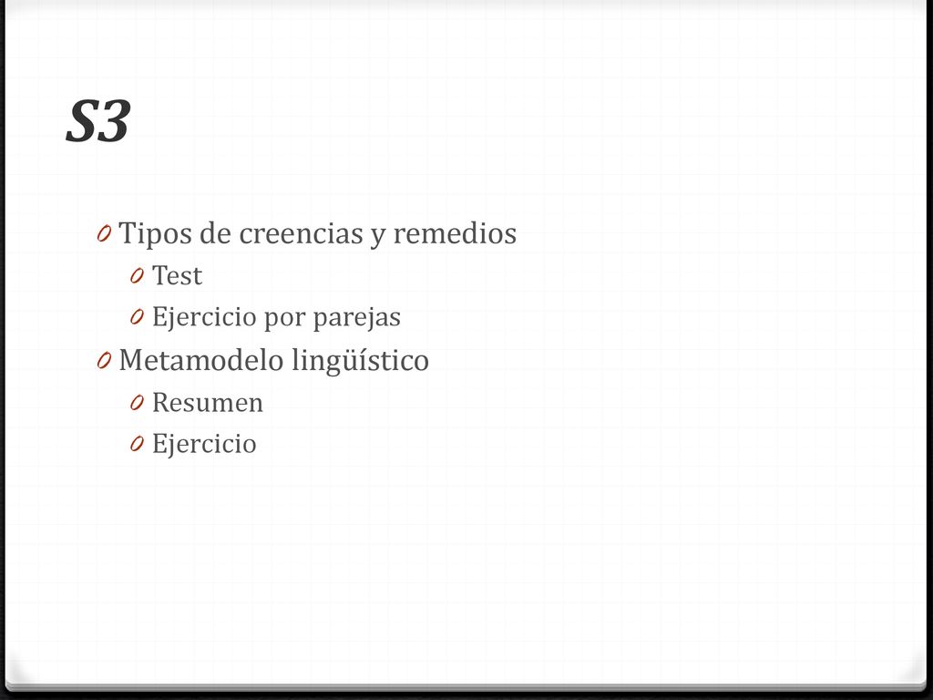 S3 Tipos de creencias y remedios Metamodelo lingüístico Test