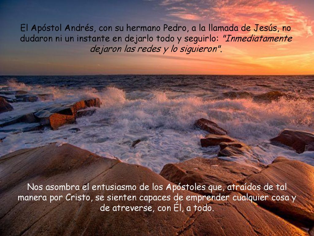 El Apóstol Andrés, con su hermano Pedro, a la llamada de Jesús, no dudaron ni un instante en dejarlo todo y seguirlo: Inmediatamente dejaron las redes y lo siguieron .