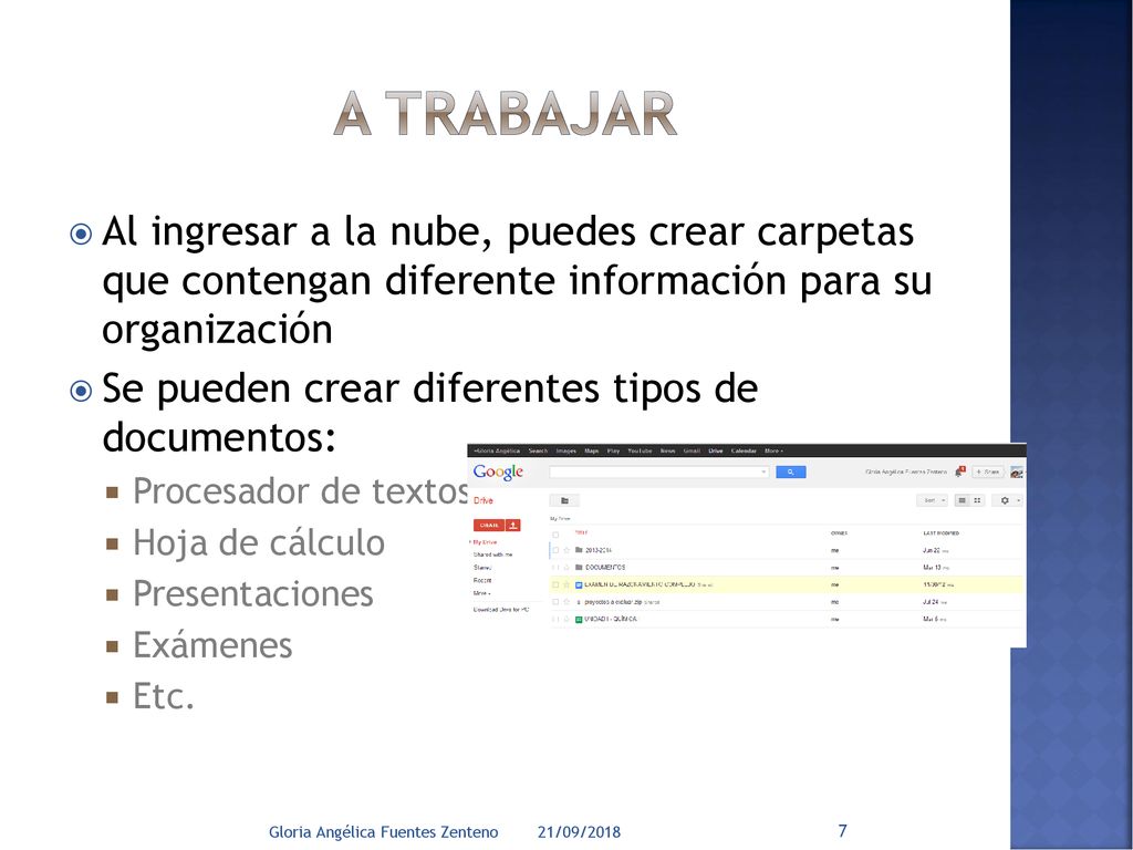 A TRABAJAR Al ingresar a la nube, puedes crear carpetas que contengan diferente información para su organización.