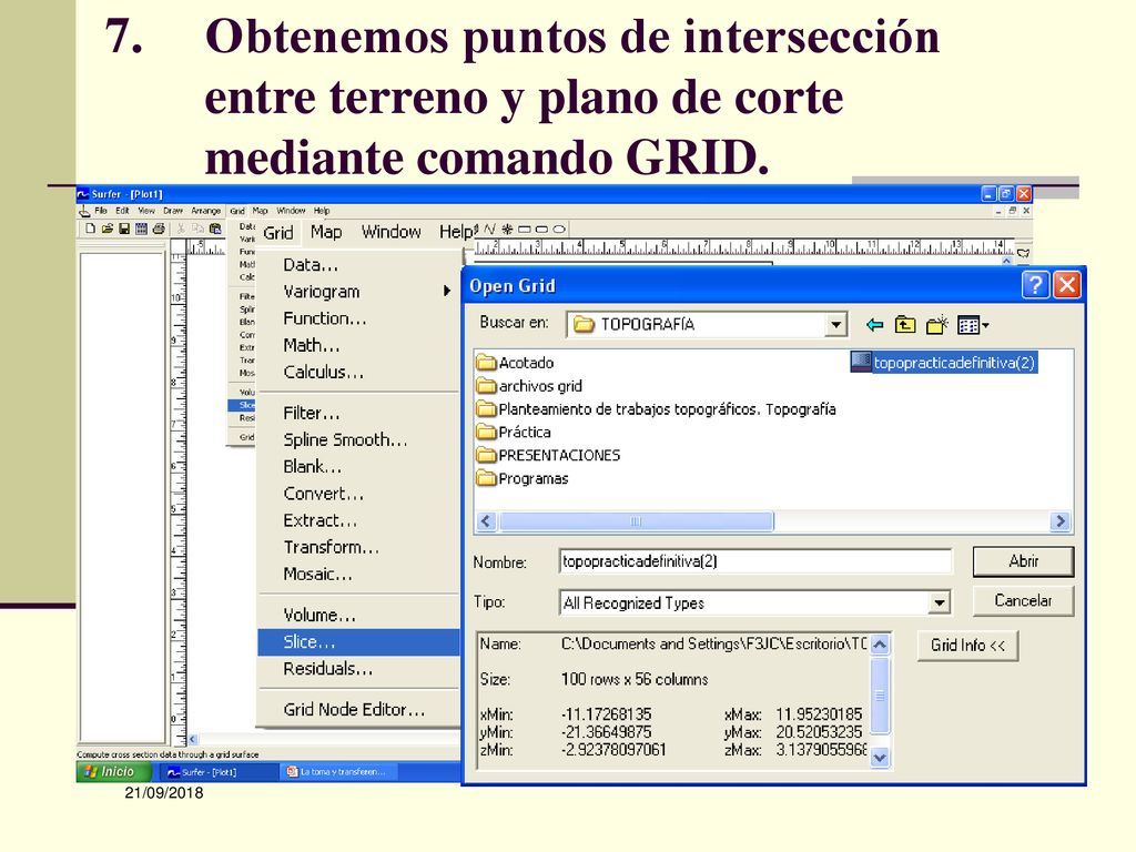 Obtenemos puntos de intersección entre terreno y plano de corte mediante comando GRID.