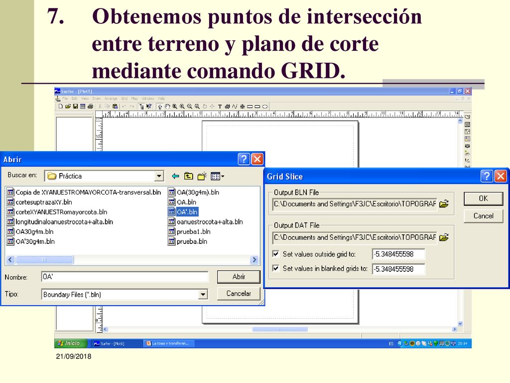 Obtenemos puntos de intersección entre terreno y plano de corte mediante comando GRID.