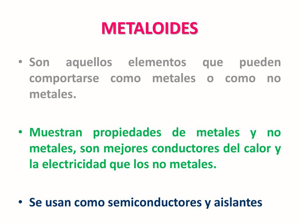 METALOIDES Son aquellos elementos que pueden comportarse como metales o como no metales.