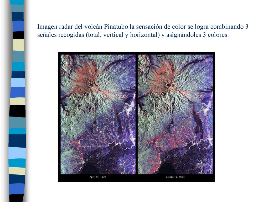Imagen radar del volcán Pinatubo la sensación de color se logra combinando 3 señales recogidas (total, vertical y horizontal) y asignándoles 3 colores.