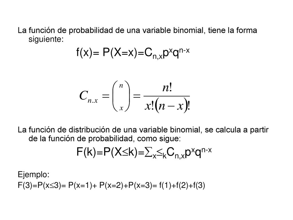 La función de probabilidad de una variable binomial, tiene la forma siguiente: