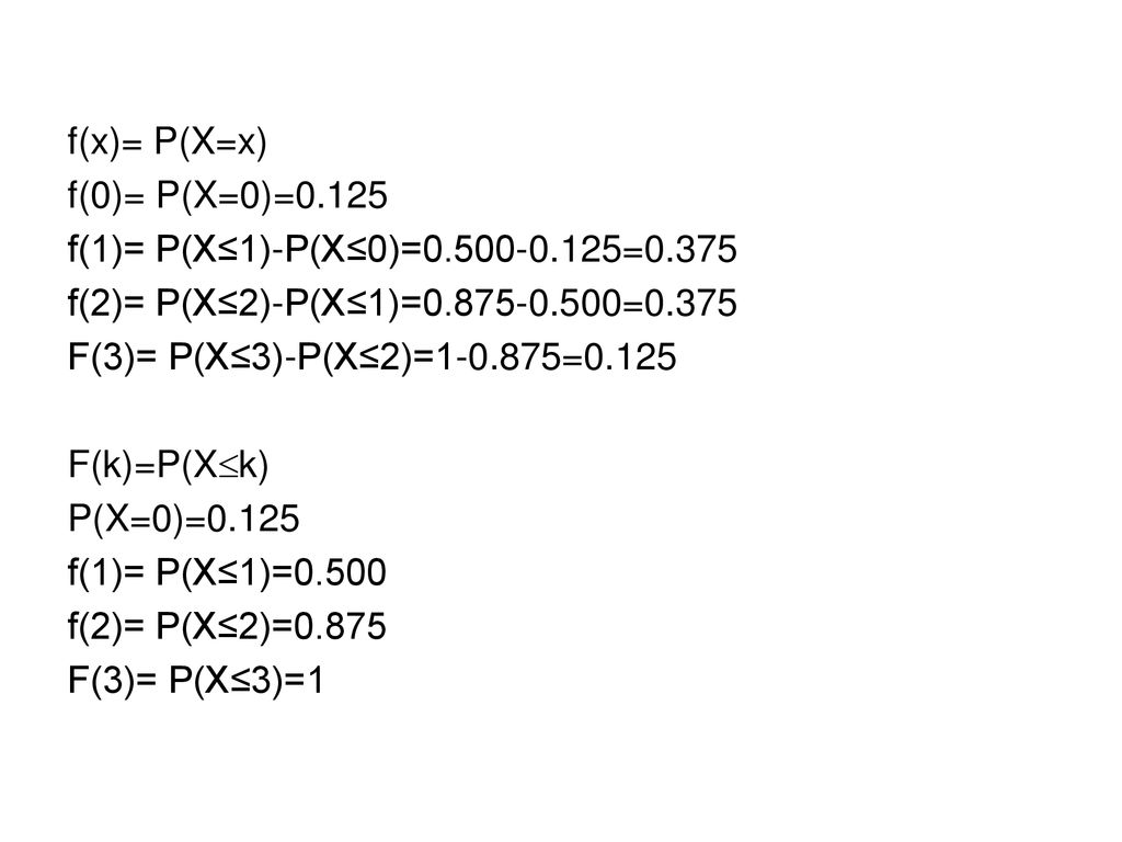 f(x)= P(X=x) f(0)= P(X=0)= f(1)= P(X≤1)-P(X≤0)= = f(2)= P(X≤2)-P(X≤1)= =