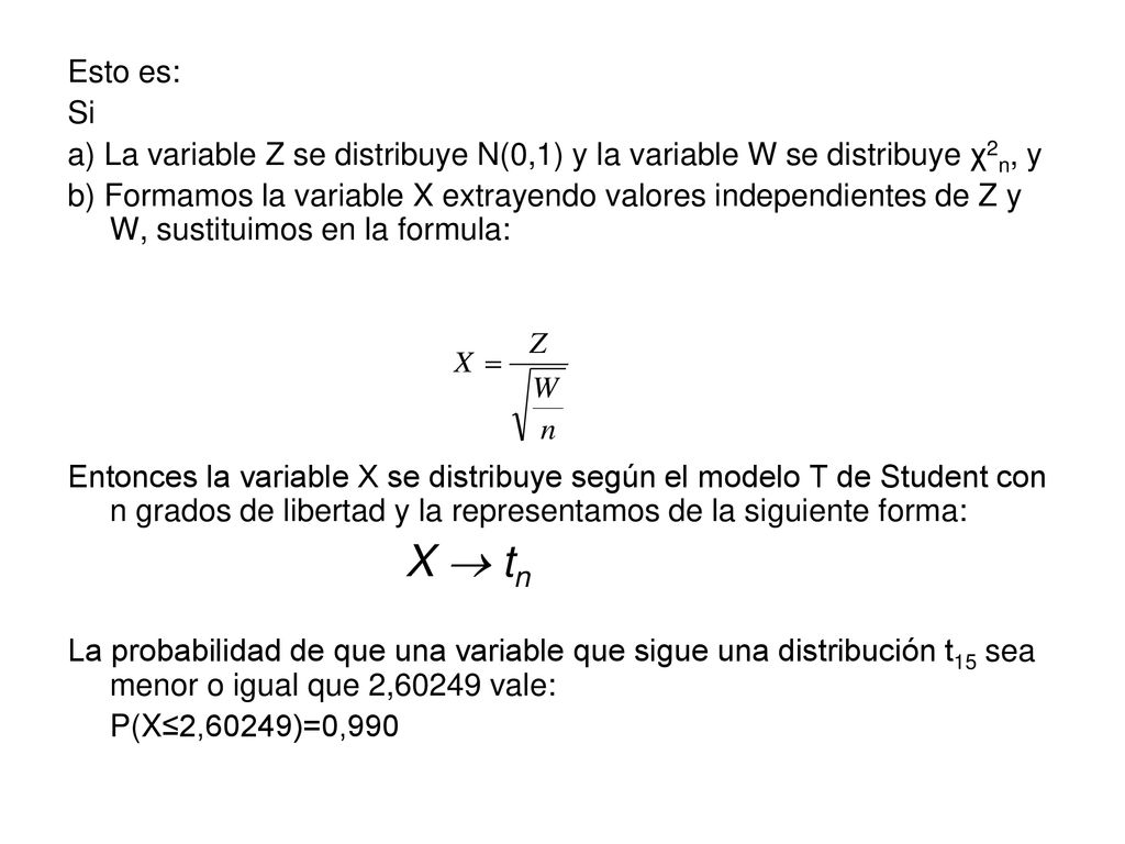 Esto es: Si. a) La variable Z se distribuye N(0,1) y la variable W se distribuye χ2n, y.