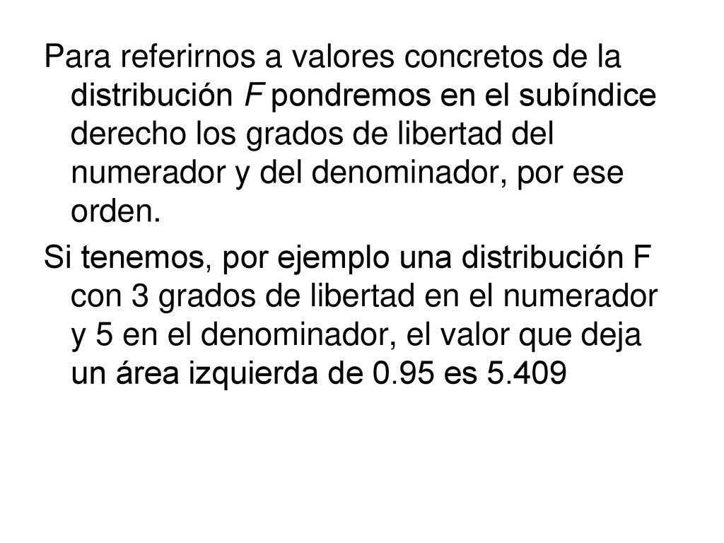 Para referirnos a valores concretos de la distribución F pondremos en el subíndice derecho los grados de libertad del numerador y del denominador, por ese orden.