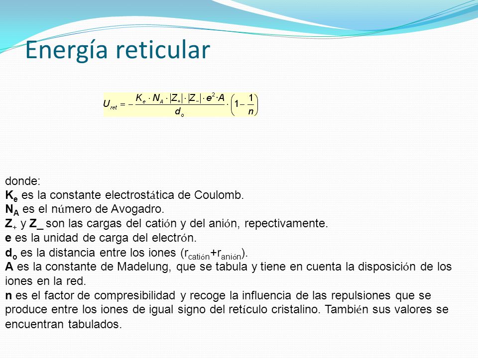 Energía reticular donde: Ke es la constante electrostática de Coulomb.