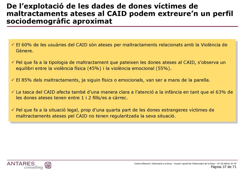 De l’explotació de les dades de dones víctimes de maltractaments ateses al CAID podem extreure’n un perfil sociodemogràfic aproximat