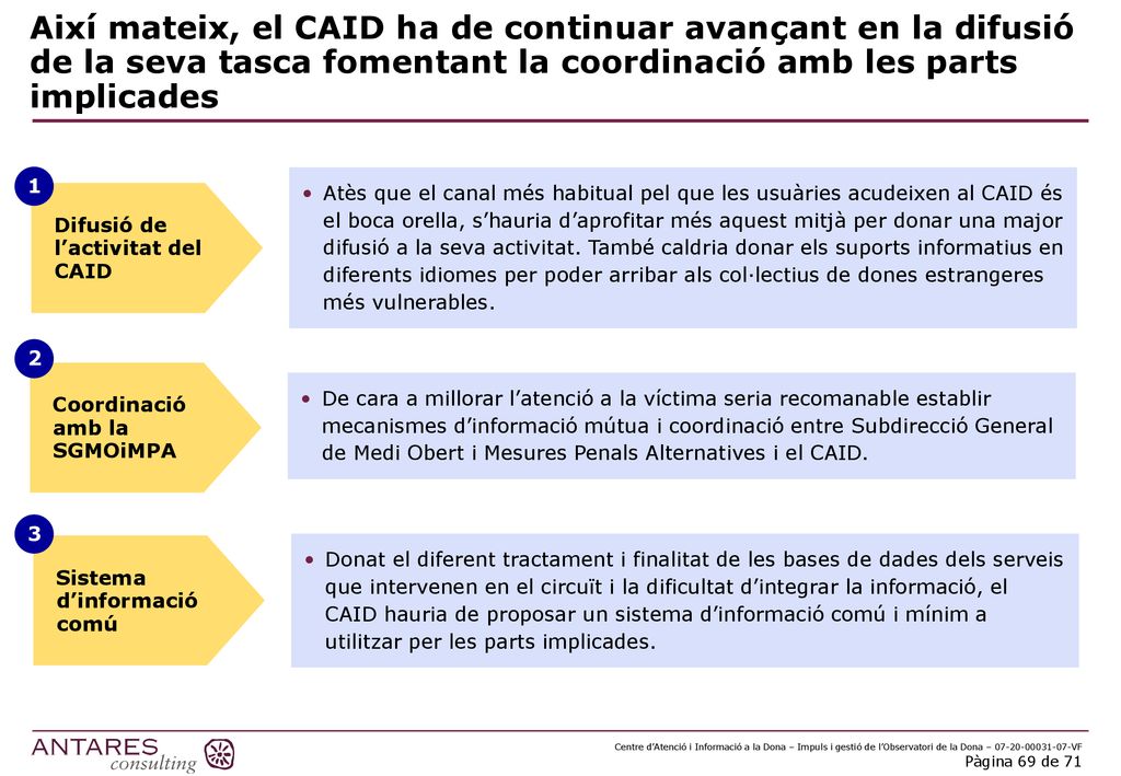 Així mateix, el CAID ha de continuar avançant en la difusió de la seva tasca fomentant la coordinació amb les parts implicades