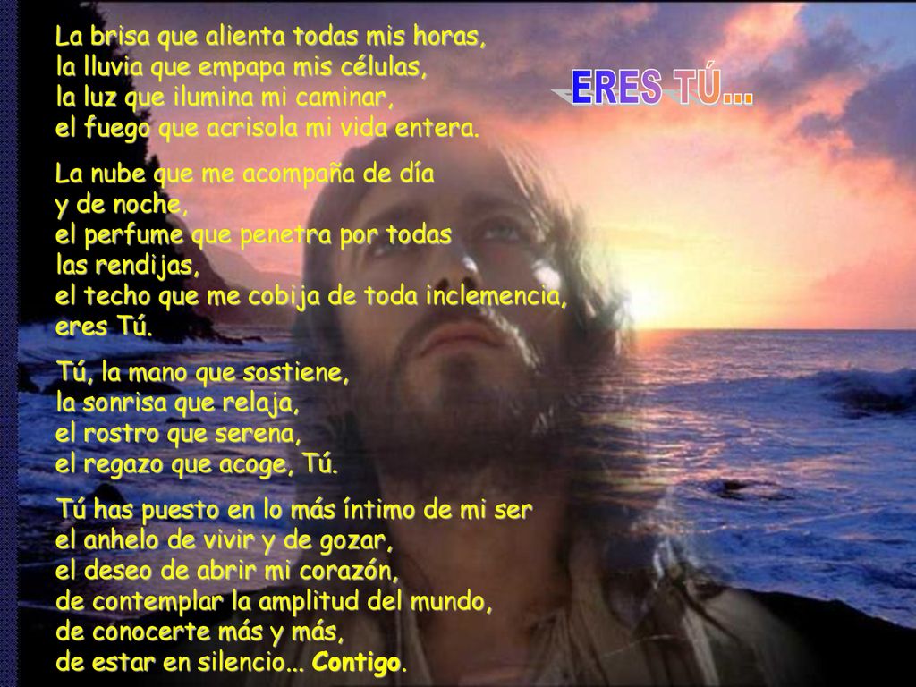 La brisa que alienta todas mis horas, la lluvia que empapa mis células, la luz que ilumina mi caminar, el fuego que acrisola mi vida entera.