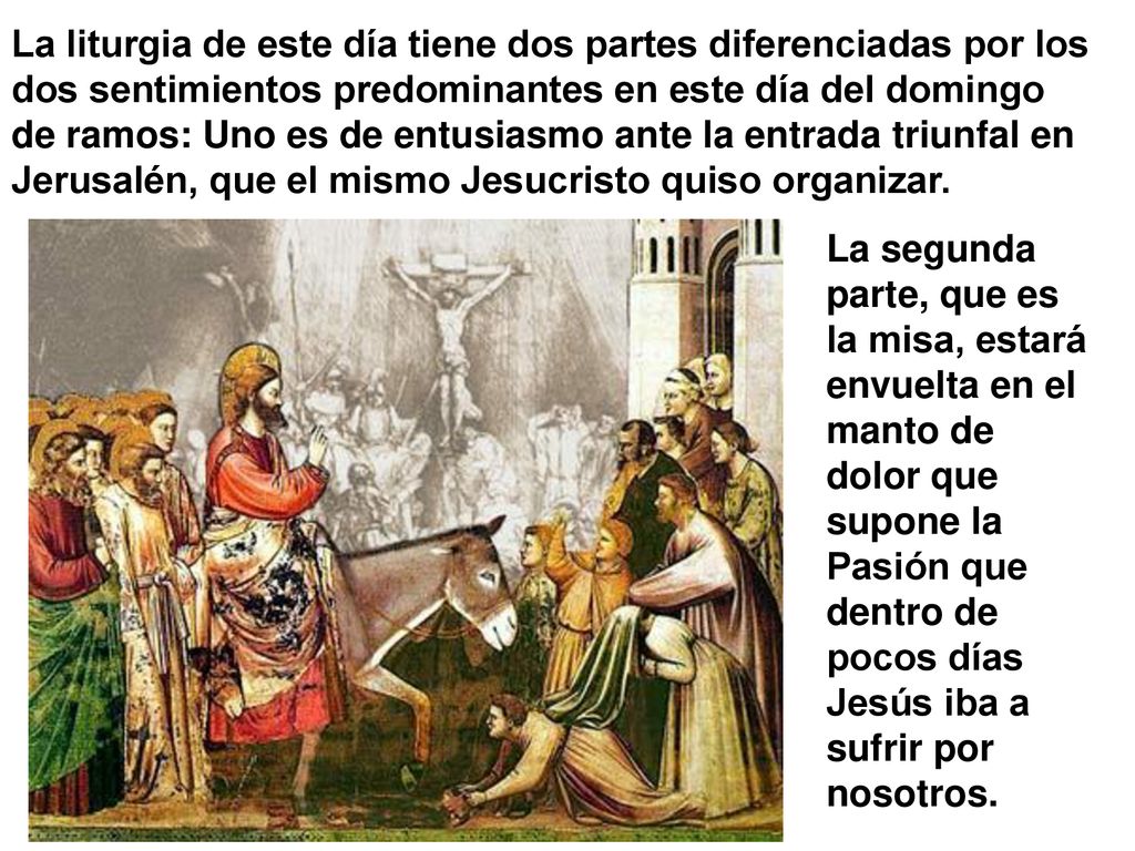 La liturgia de este día tiene dos partes diferenciadas por los dos sentimientos predominantes en este día del domingo de ramos: Uno es de entusiasmo ante la entrada triunfal en Jerusalén, que el mismo Jesucristo quiso organizar.