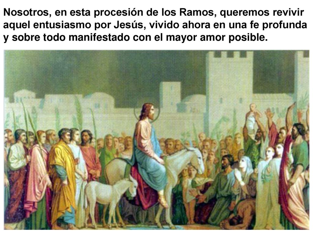 Nosotros, en esta procesión de los Ramos, queremos revivir aquel entusiasmo por Jesús, vivido ahora en una fe profunda y sobre todo manifestado con el mayor amor posible.
