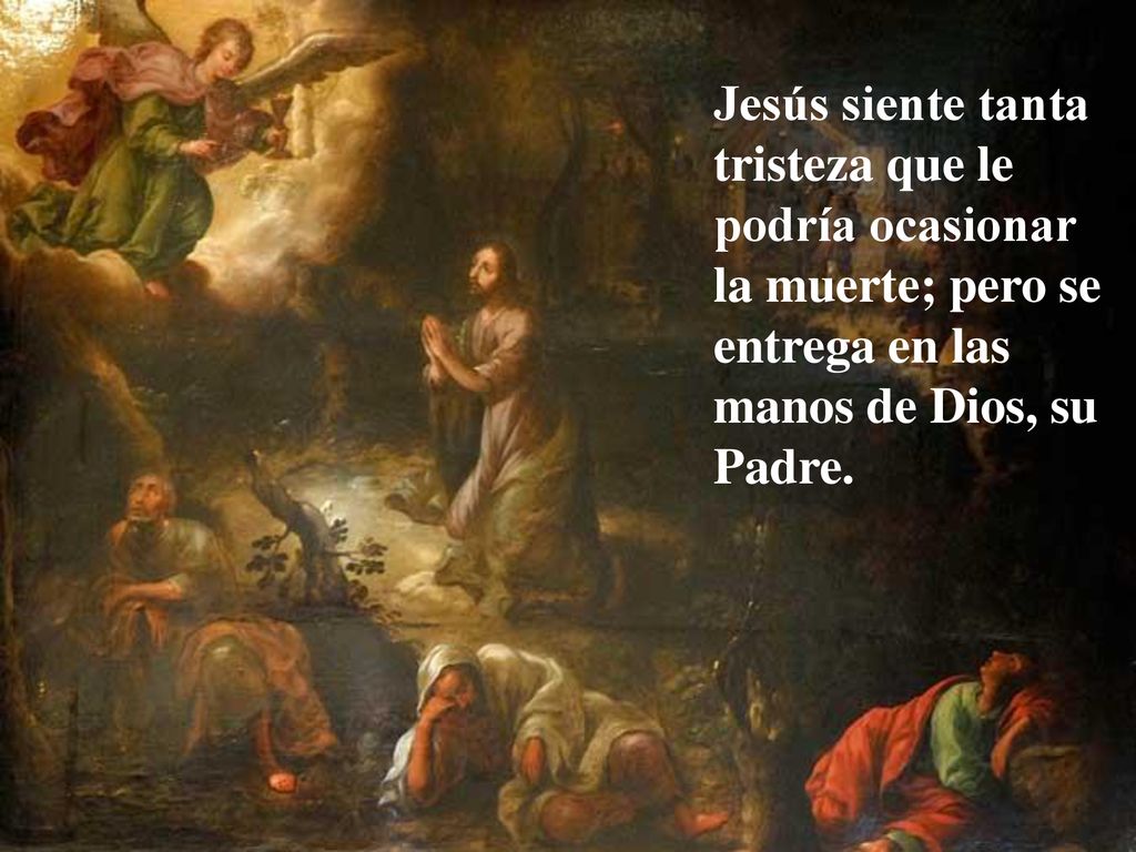 Jesús siente tanta tristeza que le podría ocasionar la muerte; pero se entrega en las manos de Dios, su Padre.