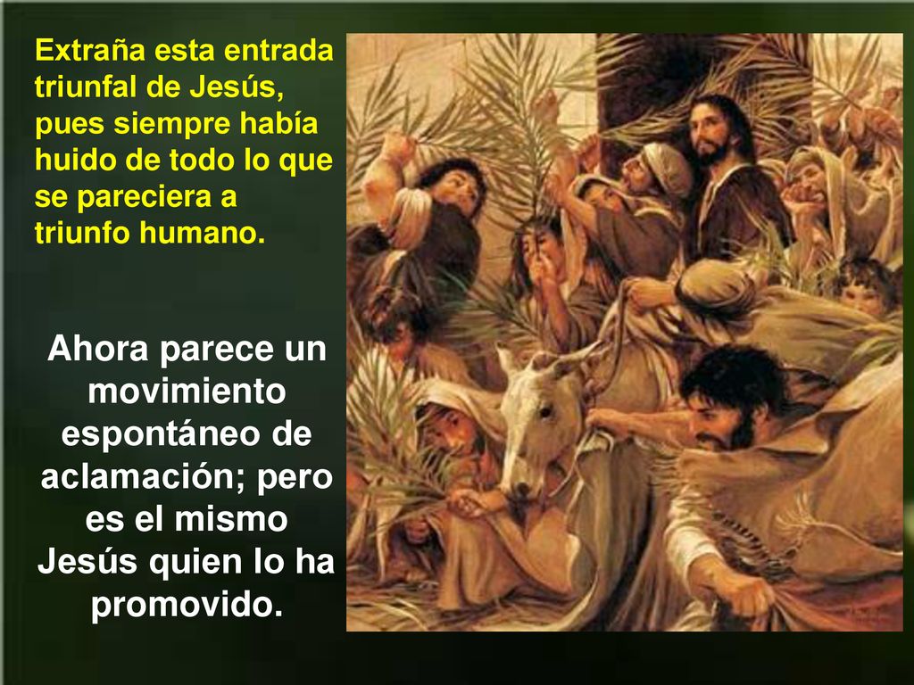 Extraña esta entrada triunfal de Jesús, pues siempre había huido de todo lo que se pareciera a triunfo humano.