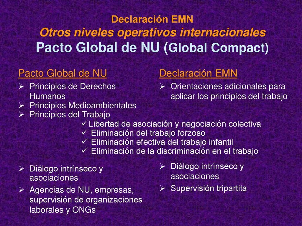 Declaración EMN Otros niveles operativos internacionales Pacto Global de NU (Global Compact)