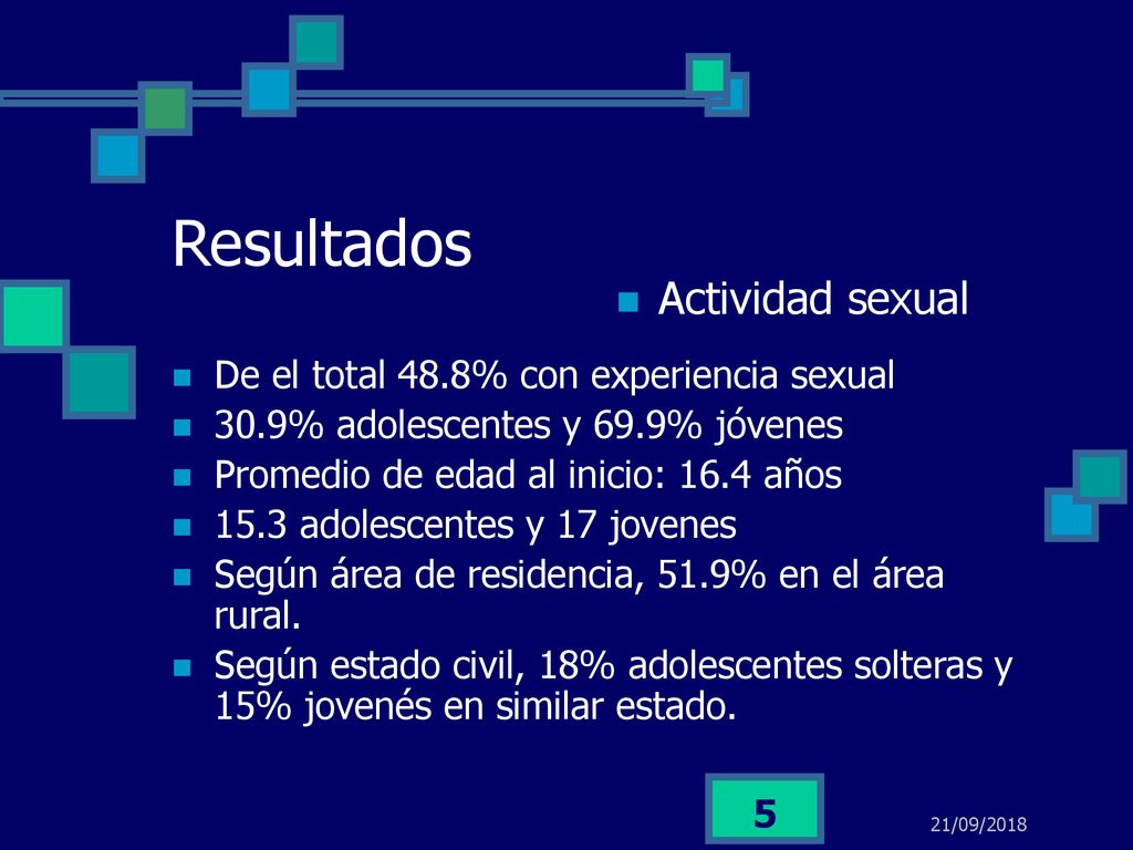 Resultados Actividad sexual De el total 48.8% con experiencia sexual