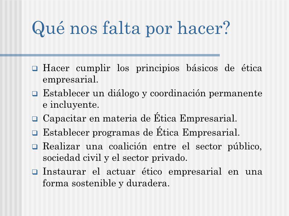 Qué nos falta por hacer Hacer cumplir los principios básicos de ética empresarial. Establecer un diálogo y coordinación permanente e incluyente.