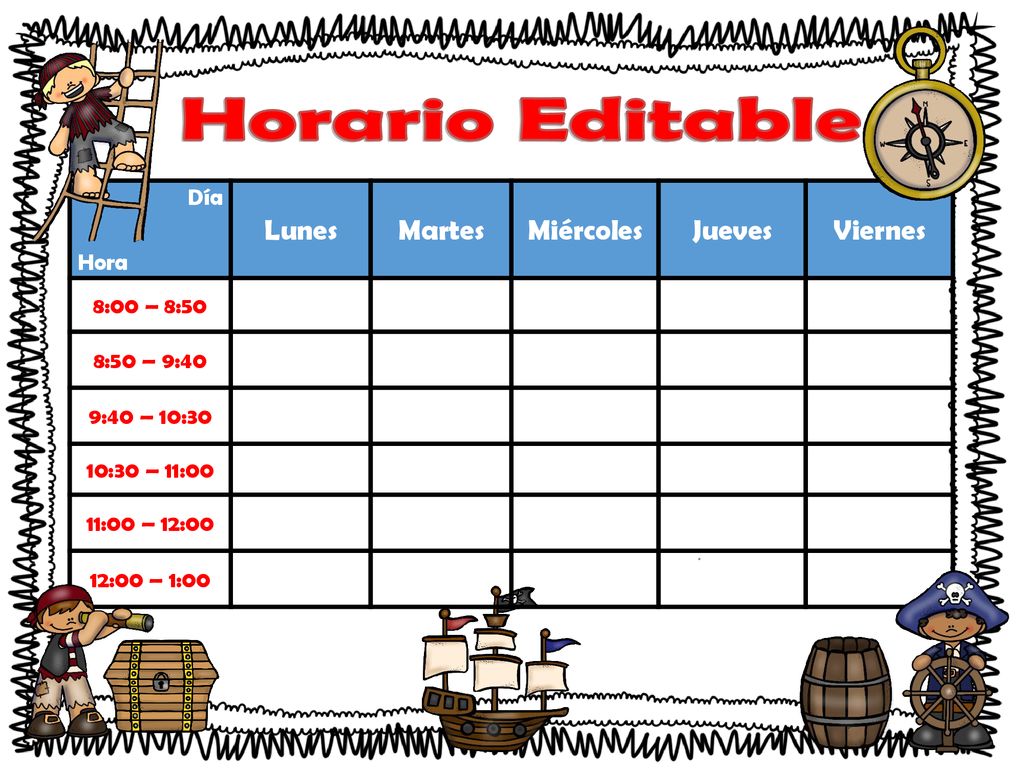 Horario Editable Lunes Martes Miércoles Jueves Viernes Día Hora