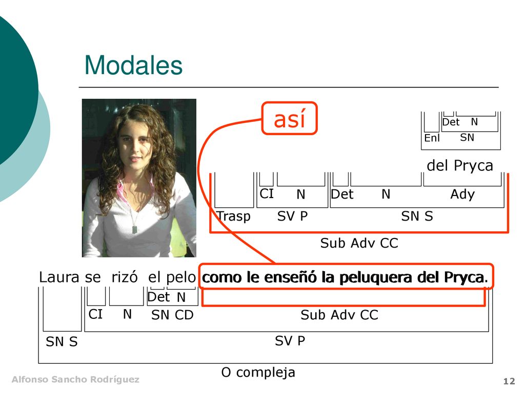 Modales así. Det. Enl. N. SN. del Pryca. CI. N. Det. N. Ady. Trasp. SV P. SN S. Sub Adv CC.