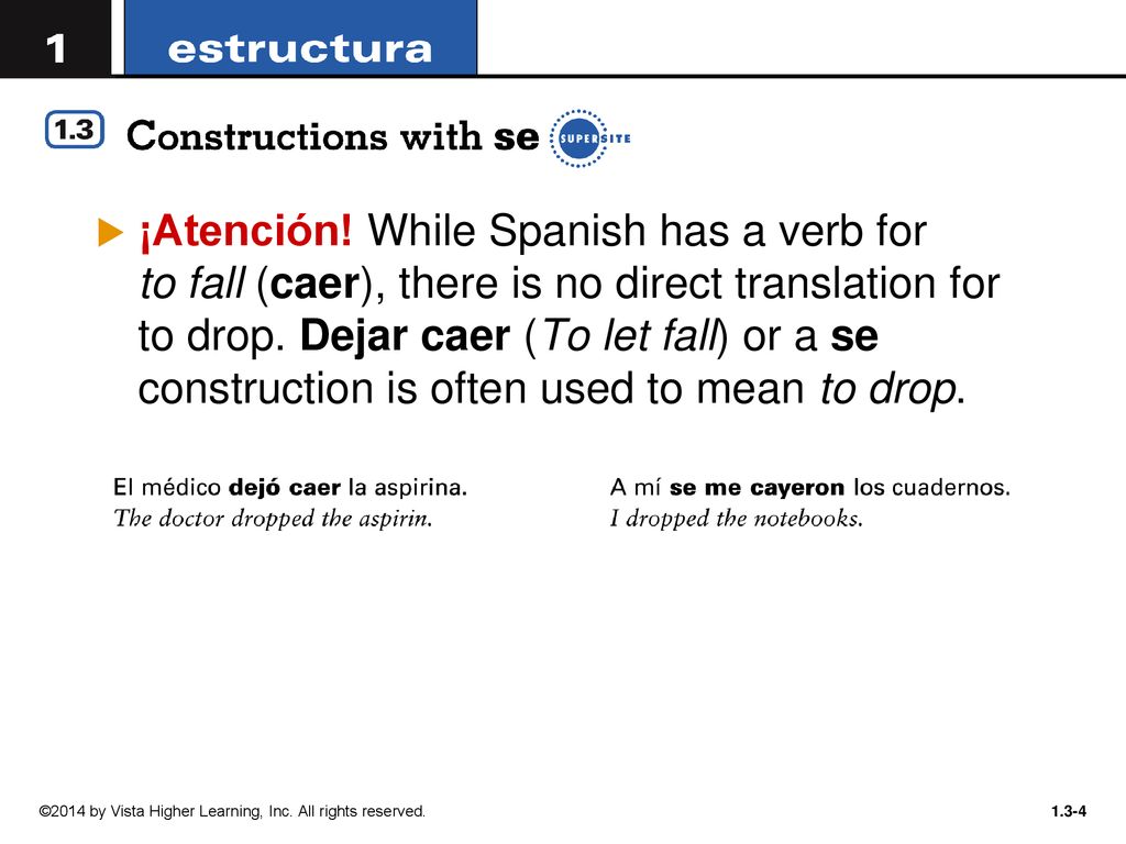 ¡Atención! While Spanish has a verb for to fall (caer), there is no direct translation for to drop. Dejar caer (To let fall) or a se construction is often used to mean to drop.