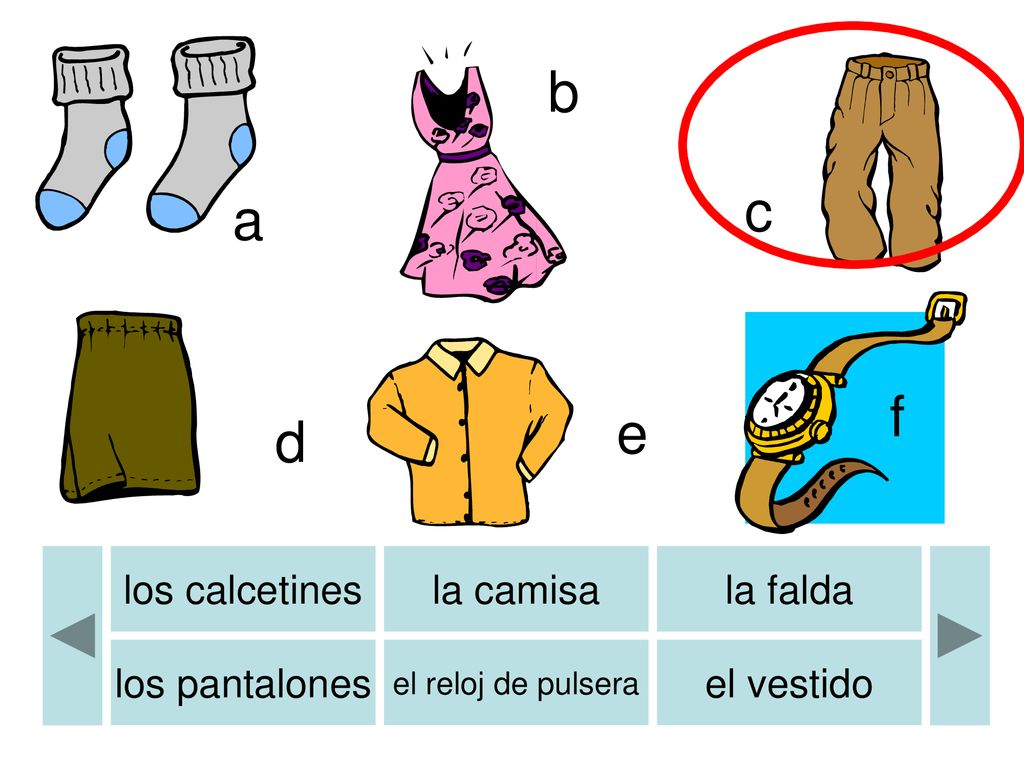 b b c a f e d los calcetines la camisa la falda los pantalones